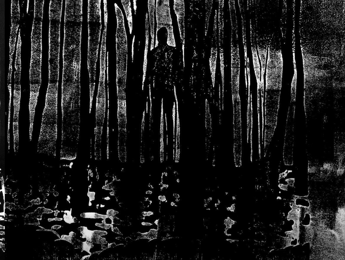 Woodblock print of slender man, experimenting with different techniques.