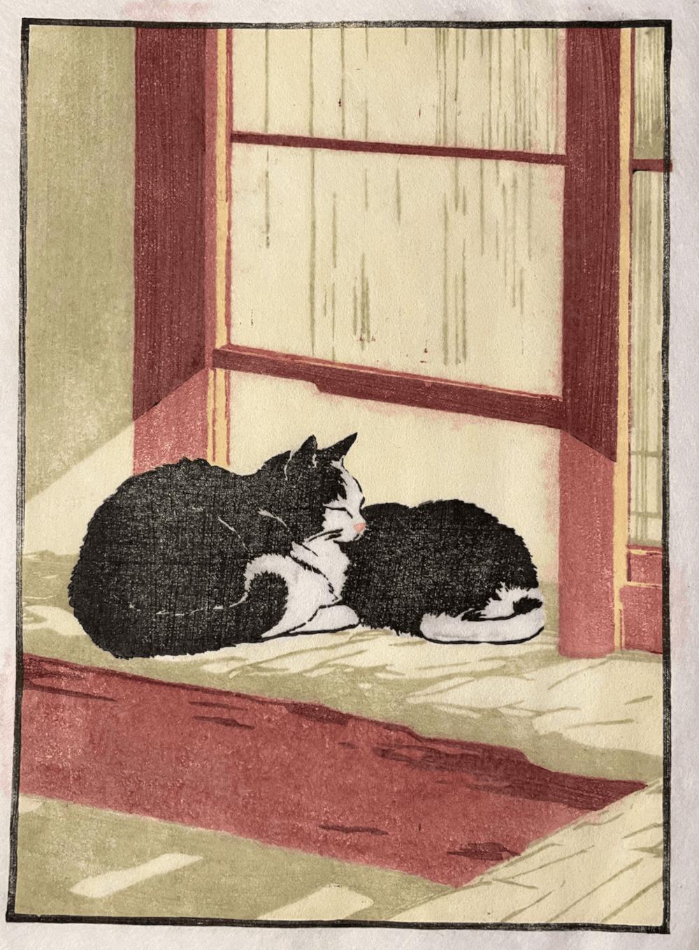 Woodblock print of cats, trying to emulate a feeling of home and comfort.